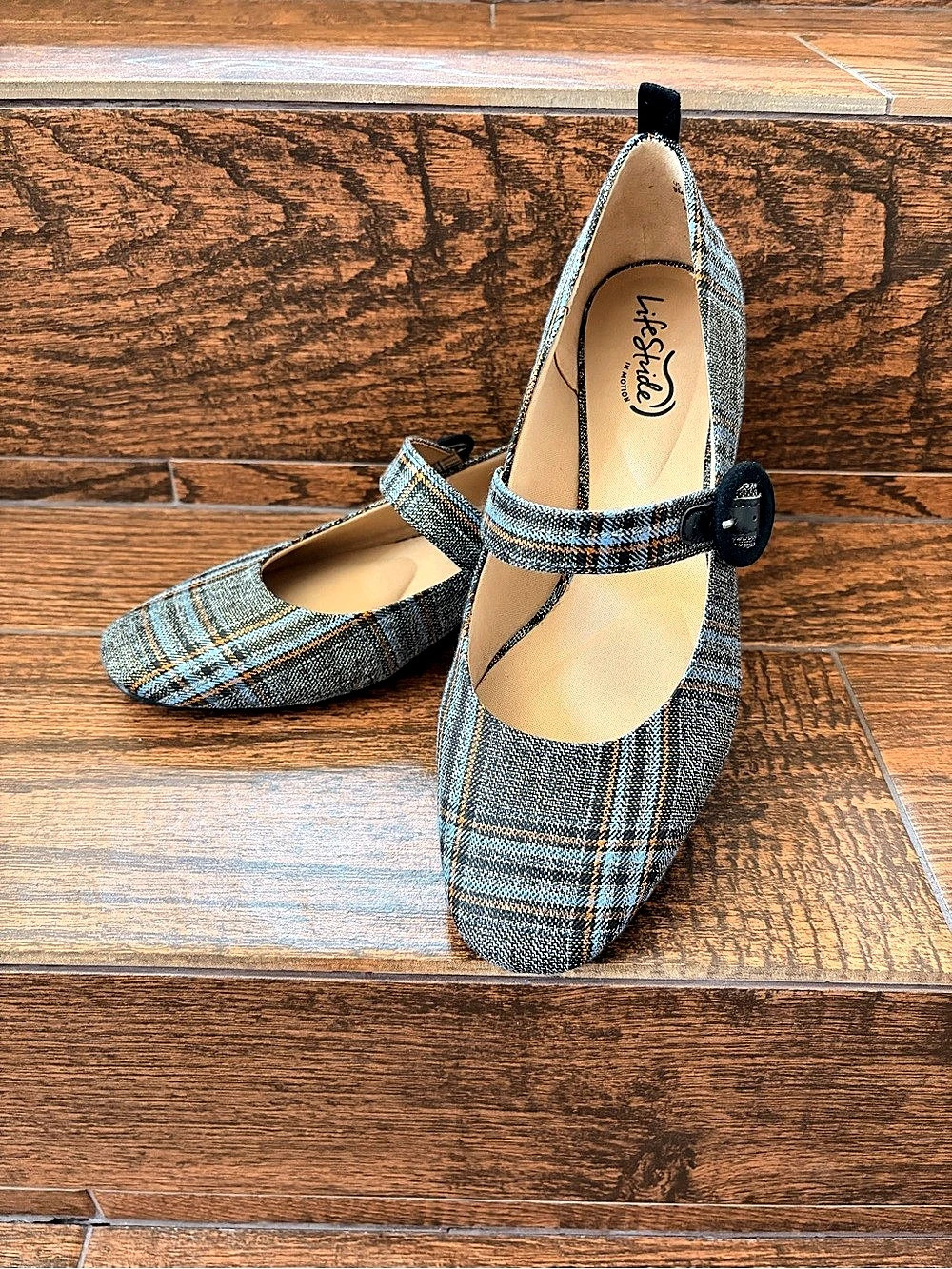 LifeStride True Mary Jane Pump Plaid Heels Grey Blue & Brown US 9M